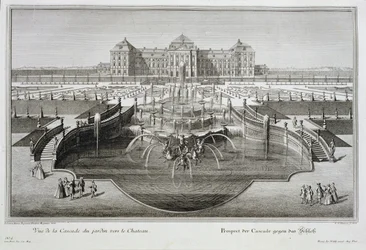 Weissenstein, vue vers le château depuis la cascade baroque, gravée par Georg-Daniel Heumann, publiée en 1728